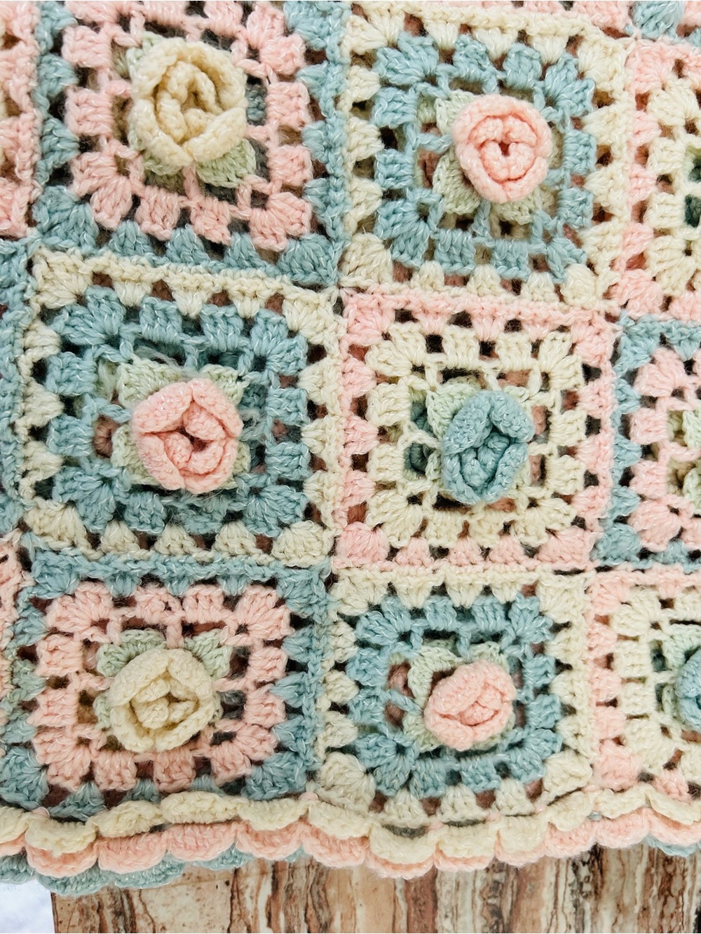 Handmade Crochet Floral Granny Square Throw Blanket - Pastel Pink, Blue & Cream
